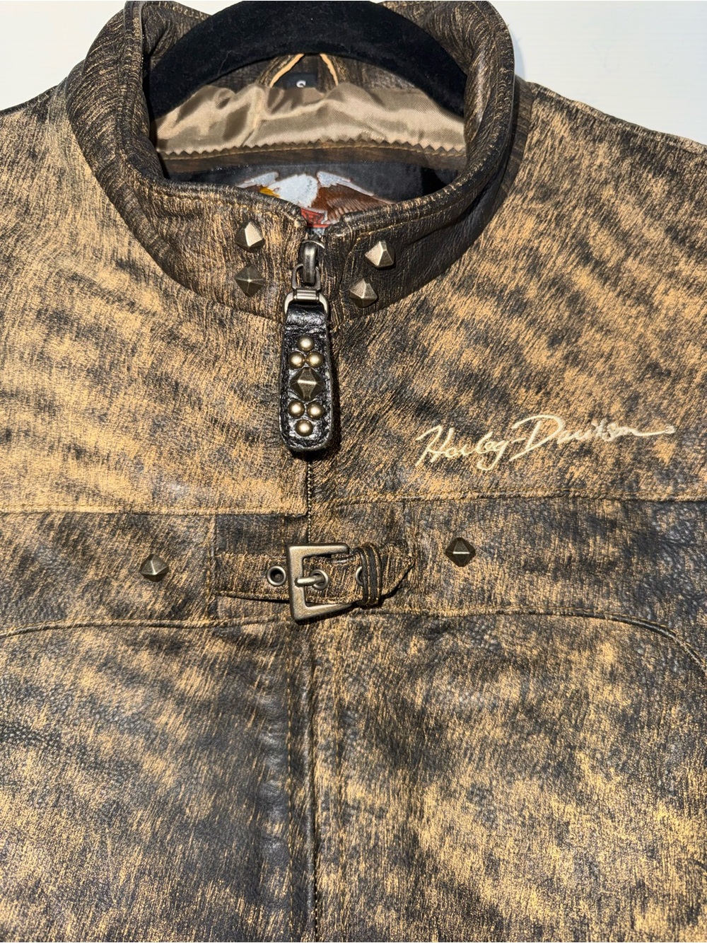 HARLEY DAVIDSON Vintage Distressed Tiger Stripe Leather Stud Riding Zip Jacket S - Picture 4 of 13